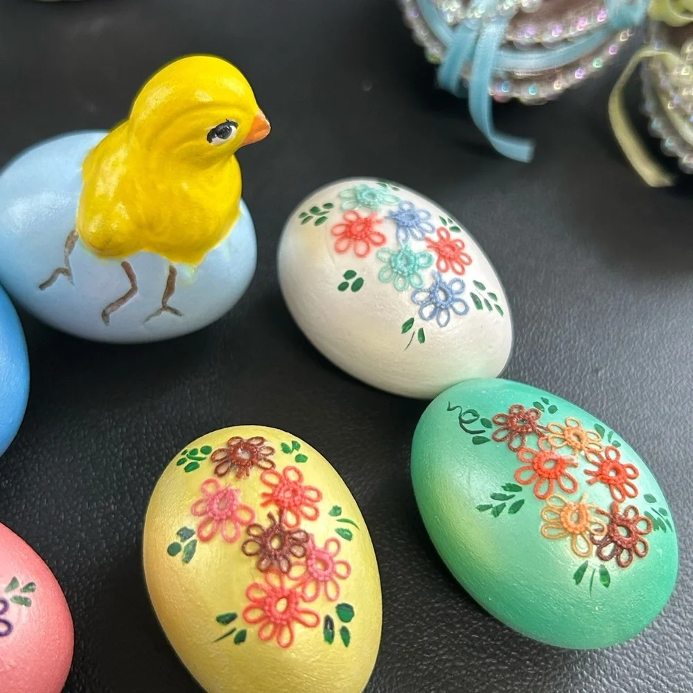Vintage 14 Piece Easter Ceramic Basket &‎ Eggs Colorful Chick Home Decor